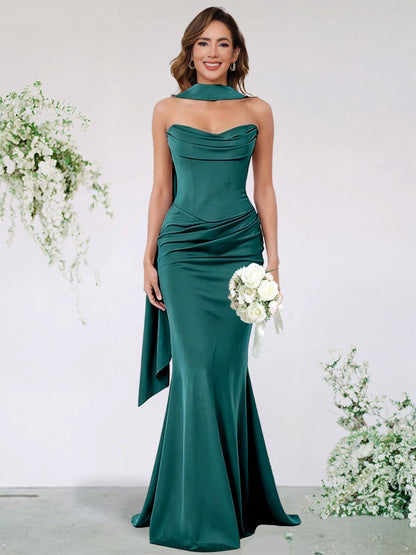 Trumpet/Mermaid Satin Bridesmaid Dresses For Wedding Sweetheart Sleeveless Floor-Length Scraf Stain Dresses With Pleats