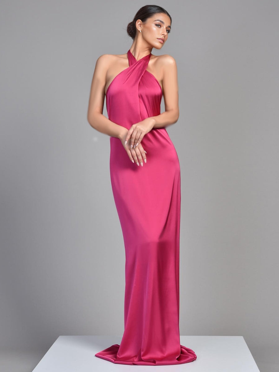 Sheath/Column Satin Criss Cross Sleeveless Floor-Length Evening Dress With Open Back
