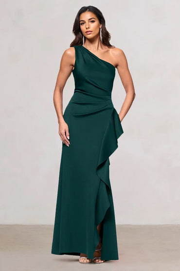 Sheath/Column Satin One-Shoulder Sleeveless Floor-Length Evening/Wedding Guest Dresses With Side Slit & Ruffle