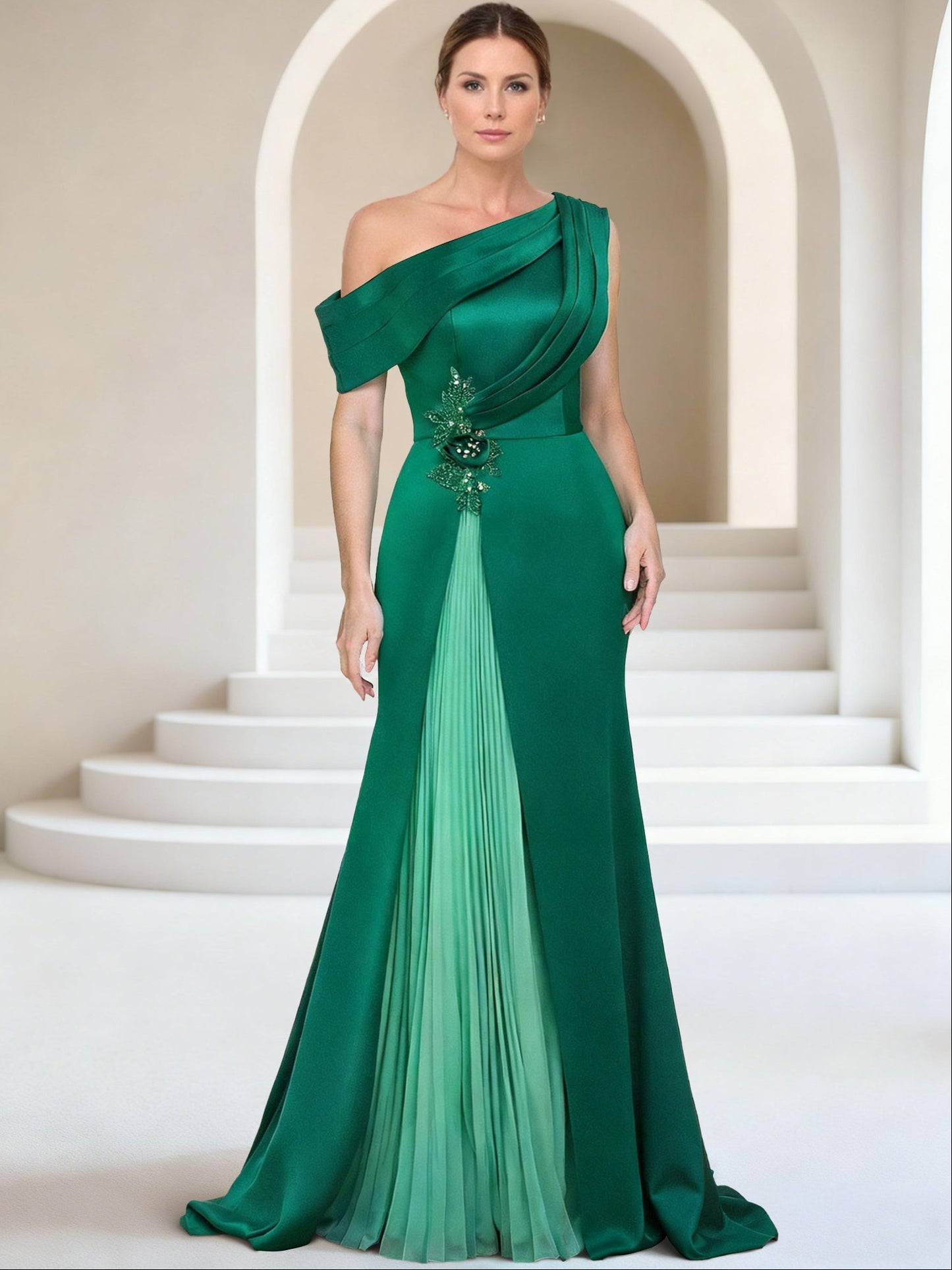 Trumpet/Mermaid Mother Of The Bride Dress One-Shoulder Short Sleeves Evening Dresses with Ruffles & Appliques