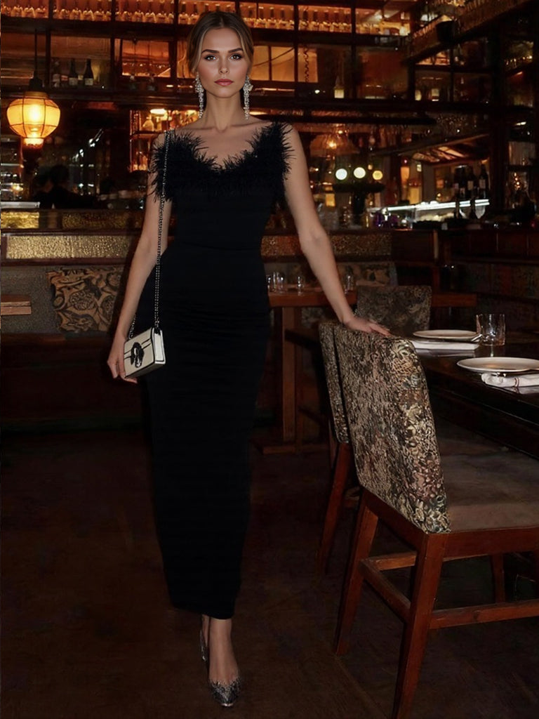 Sheath / Column Evening Dress Cocktail Party Floor Length Off The Shoulder Sleevesless Stretch Crepe with Feather