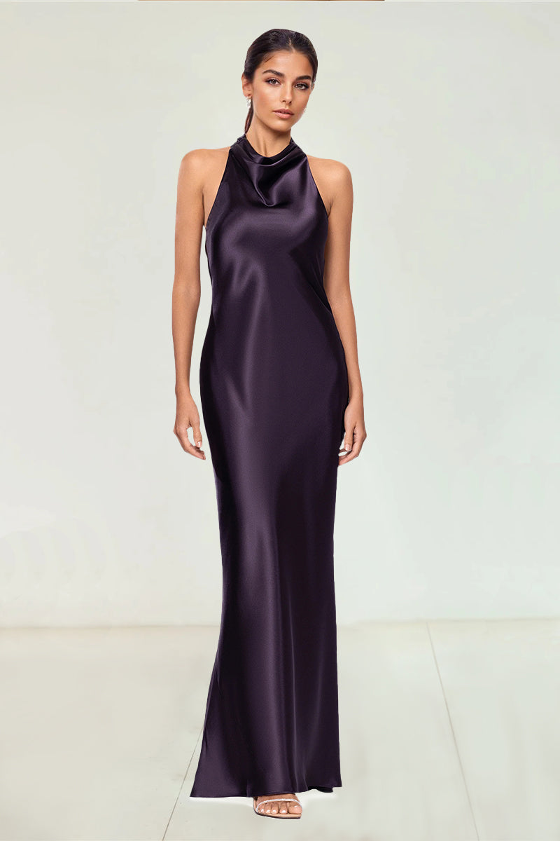A-Line/Princess Satin Halter & Bow neck Sleeveless Floor-Length Evening Dresses