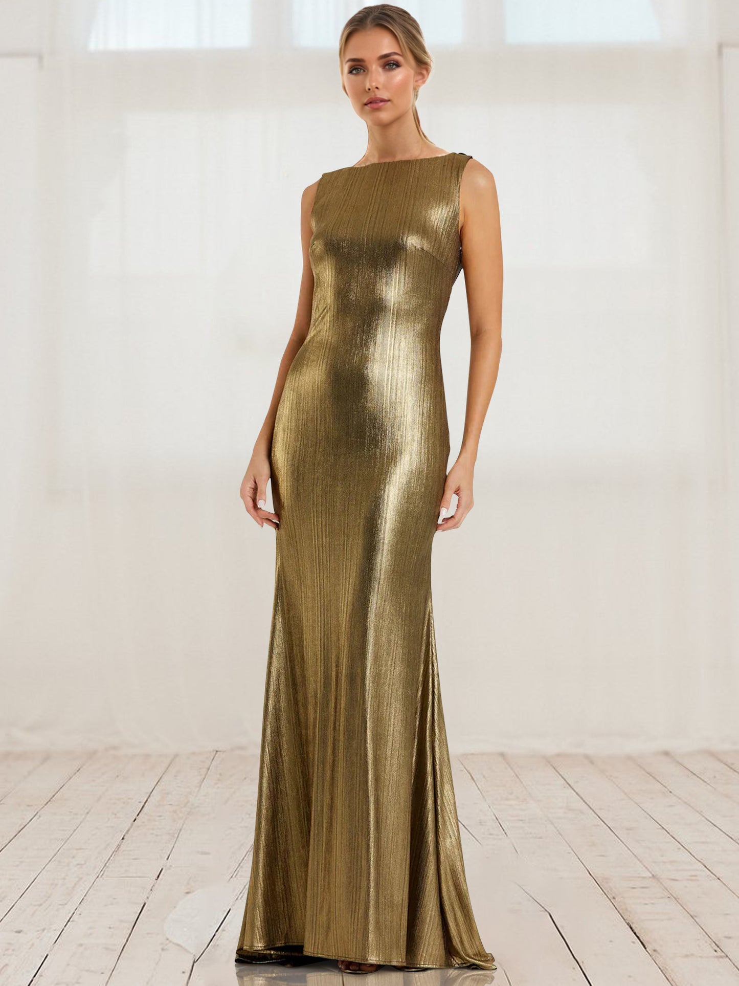 Sheath/Column Formal Evening Dress Dinner Cocktail Party Gold Floor Length Metallic Jersey Cowl Back Gown