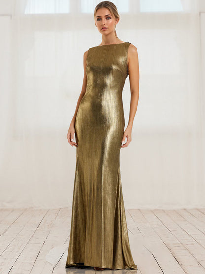 Sheath/Column Formal Evening Dress Dinner Cocktail Party Gold Floor Length Metallic Jersey Cowl Back Gown