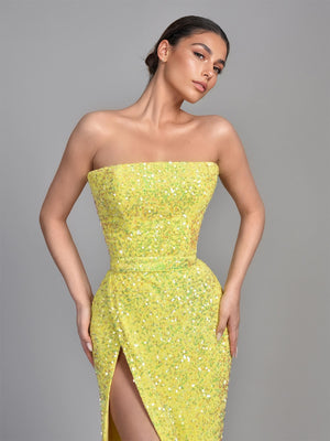 Sheath/Column Sequins Sweetheart Sleeveless Floor-Length High Side Split&Pleats Evening Dress With Back Lace-Up