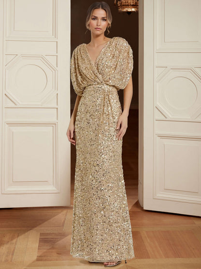 Sheath/Column Sequined Evening Dress Sparkle V Neck Sleeveless Floor-Length Elegant Formal Dress With Ruched