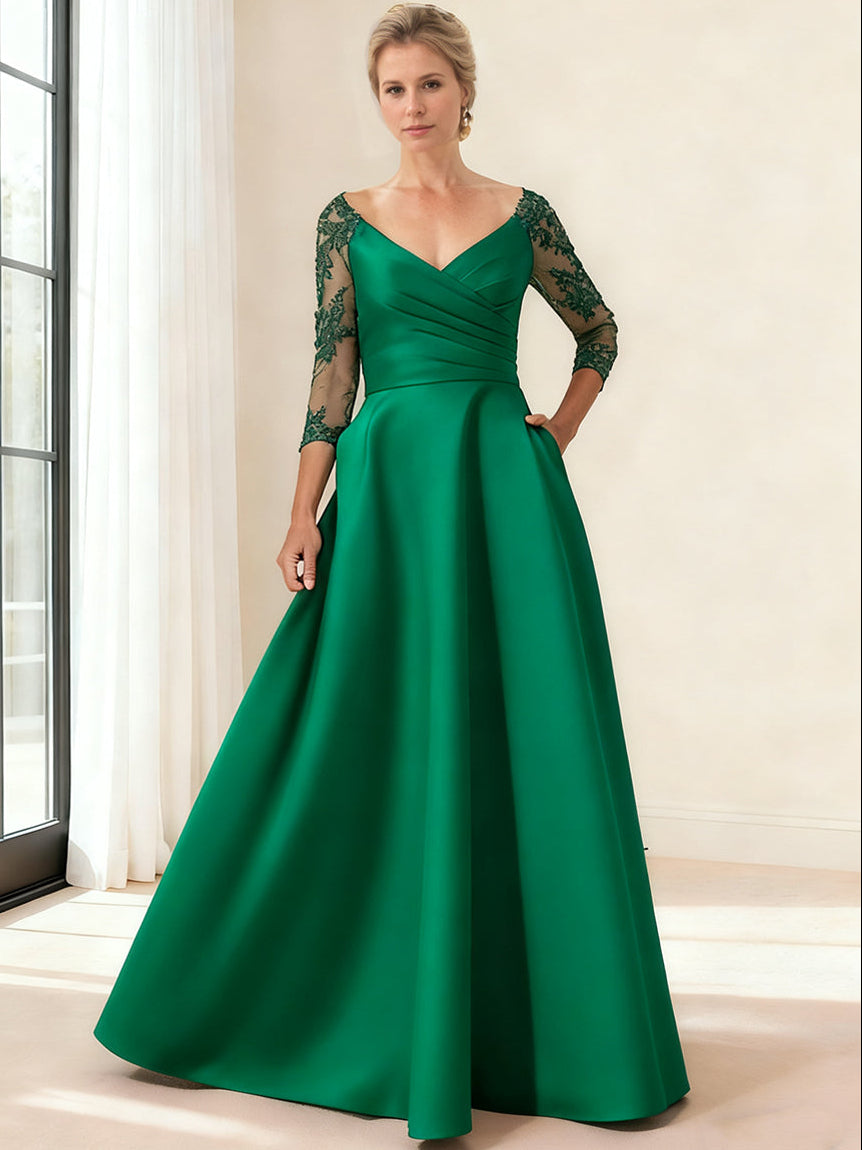 A-Line/Princess Mother Of The Bride Dress V Neck Long Sleeves Floor-Length Satin Formal Dress With Appliques Pocket