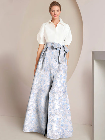 A-Line/Princess Mother Of The Bride Dresses Floral Formal Shirt Collar Short Sleeves Floor-Length 2 pieces  with Bowknot Pocket