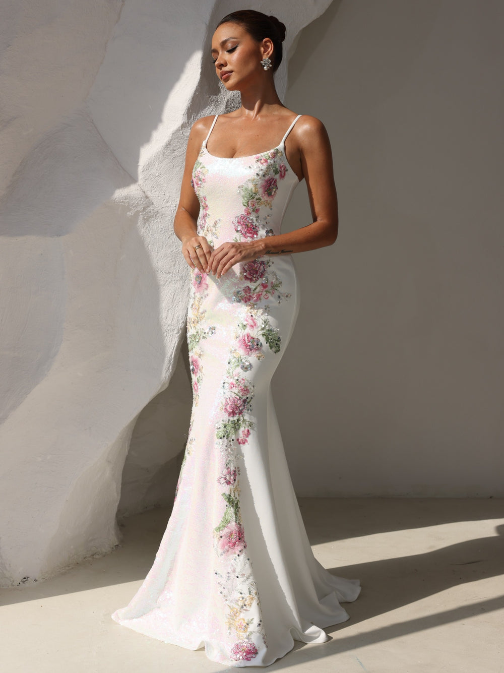 Trumpet/Mermaid Prom Dress Spaghetti Straps Formal Sequins Dresses Floral Floor-Length