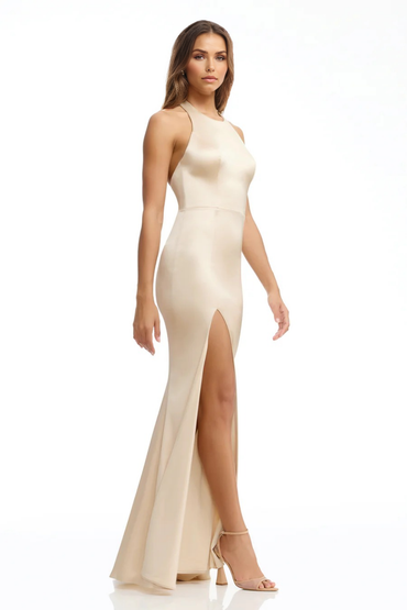 Sheath/Column Stain Bridesmaid Dresses Floor-Length Halter Sleeveless Back Zipper With Side Slit