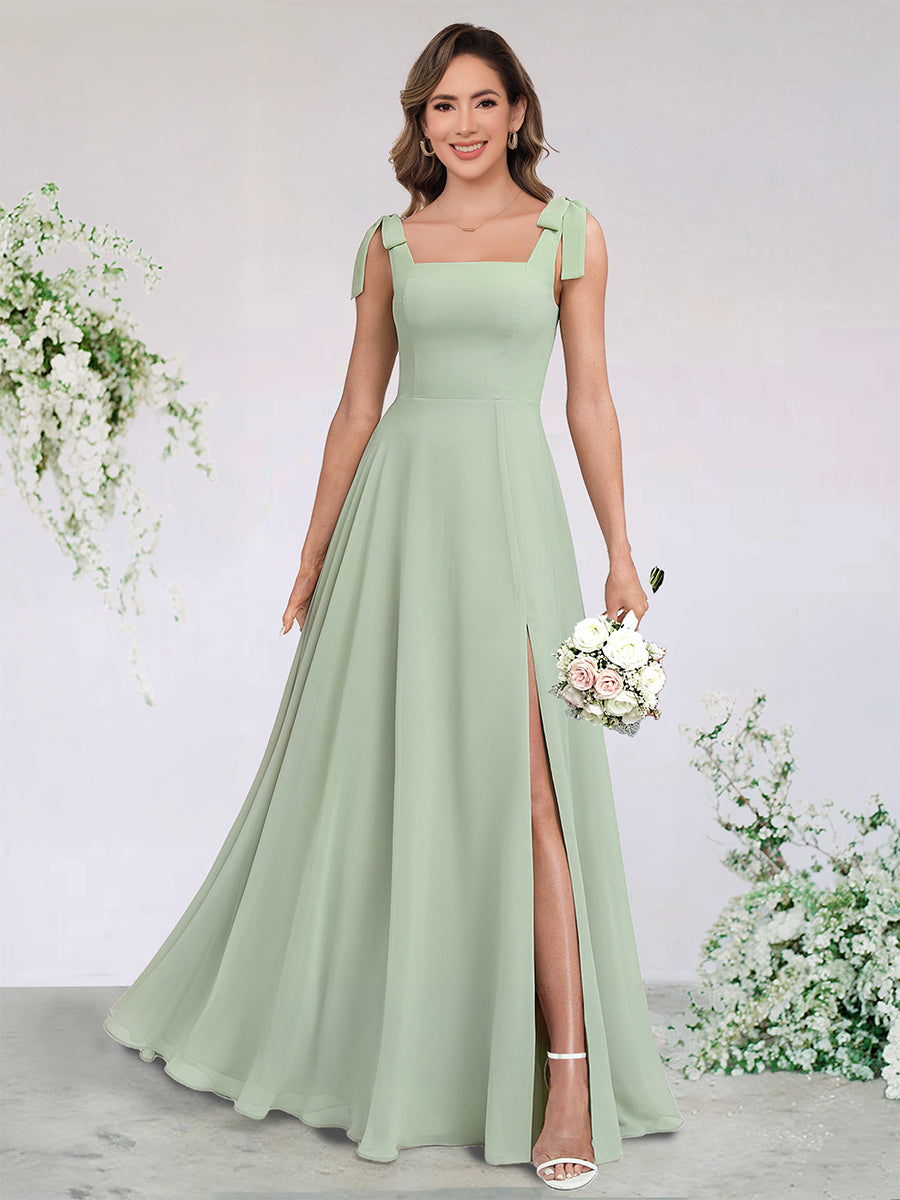 A-Line/Princess Chiffon Bridesmaid Dresses Wedding Dress Square Neck&Bow Sleeveless Floor-Length With Side Split&Pleats