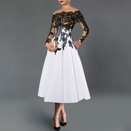 A Line  Mother Of The Bride Dresses Elegant Cocktail Dress Color Block Kentucky Tea Length Long Sleeve Off Shoulder Stretch Fabric with Appliques