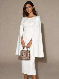 Sheath/Column Little White Dresses For Wedding Scoop Neck Long Sleeves Tea Length Satin Formal Dresses With Back Zipper