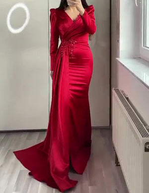 Mermaid Sequin Evening Gown Ruched Satin Dress Long Sleeves Floor Length V Neck with Sequins Overskirt Prom