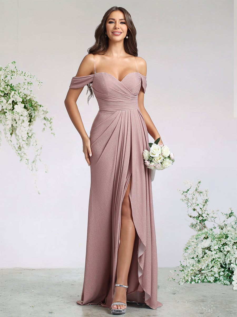 A-Line/Princess Spandex Bridesmaid Dresses For Wedding Sweetheart&Off-the-Shoulder Sleeveless Floor-Length With Pleats&Side Split