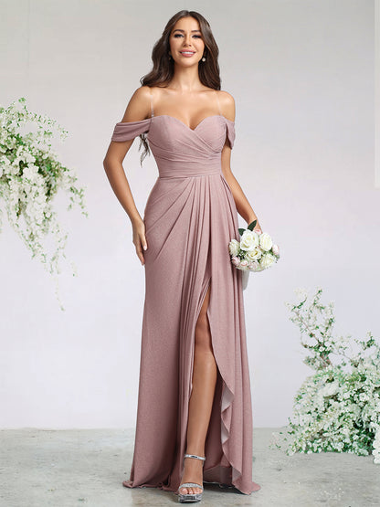 A-Line/Princess Spandex Bridesmaid Dresses For Wedding Sweetheart&Off-the-Shoulder Sleeveless Floor-Length With Pleats&Side Split