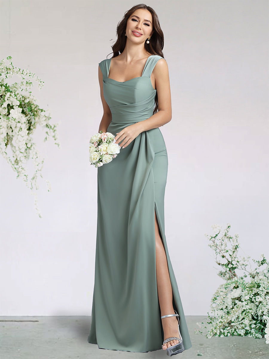 Sheath/Column Satin Bridesmaid Dresses For Wedding Square Neck Sleeveless Floor-Length With Side Split&Pleats
