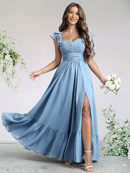 A-Line/Princess Chiffon Bridesmaid Dresses For Wedding V-Neck Flying Sleeves Ankle-Length With Ruffle&Side Split