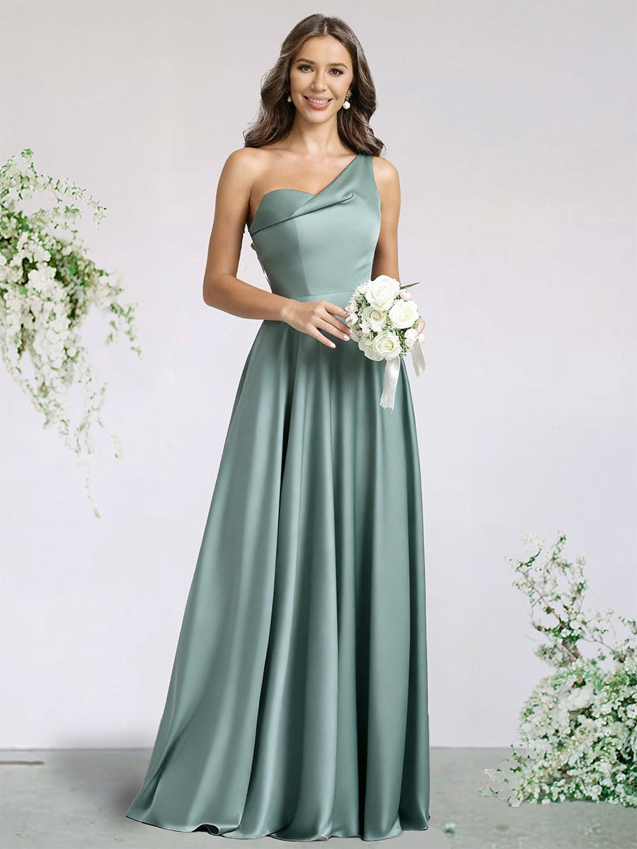 A-Line/Princess Satin Bridesmaid Wedding Dresses One-Shoulder Sleeveless Floor-Length With Pocket&Pleats