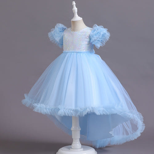 A-Line/Princess Asymmetrical High Low Flower Girl Dresses Scoop Neck Short Sleeves Girl Prom Garden Flower Girl Dress with Sequins