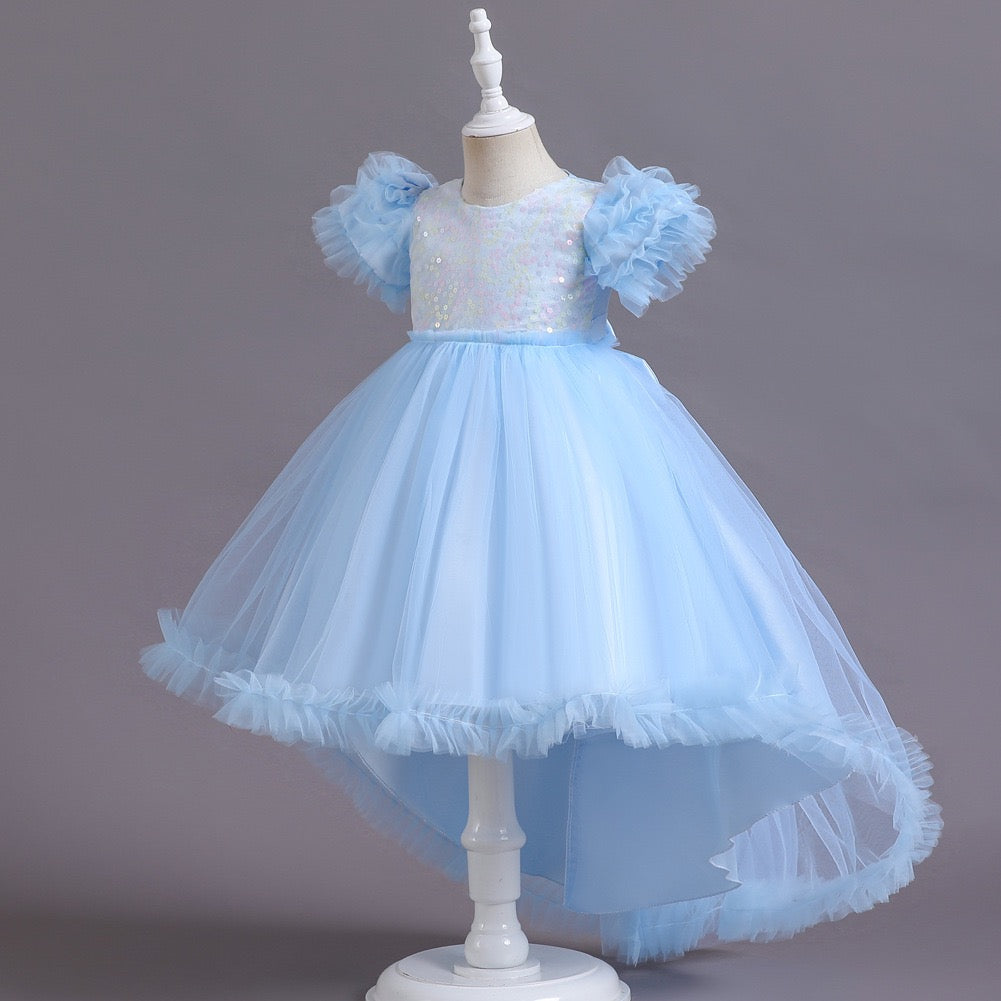 A-Line/Princess Asymmetrical High Low Flower Girl Dresses Scoop Neck Short Sleeves Girl Prom Garden Flower Girl Dress with Sequins