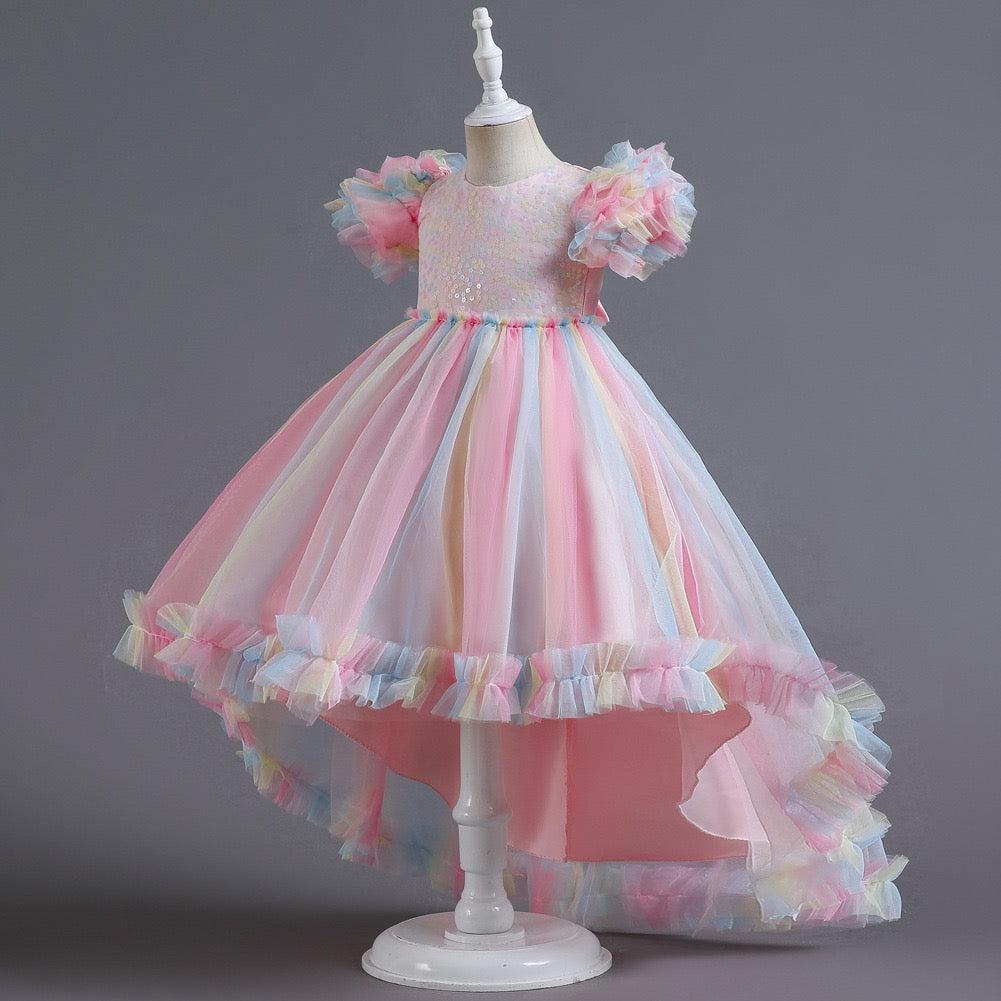 A-Line/Princess Asymmetrical High Low Flower Girl Dresses Scoop Neck Short Sleeves Girl Prom Garden Flower Girl Dress with Sequins