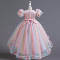 A-Line/Princess Asymmetrical High Low Flower Girl Dresses Scoop Neck Short Sleeves Girl Prom Garden Flower Girl Dress with Sequins