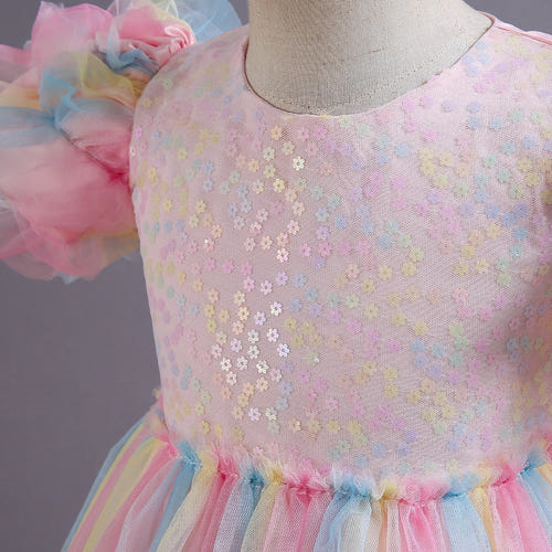 A-Line/Princess Asymmetrical High Low Flower Girl Dresses Scoop Neck Short Sleeves Girl Prom Garden Flower Girl Dress with Sequins