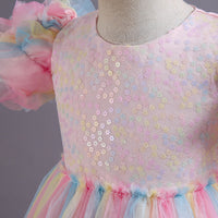 A-Line/Princess Asymmetrical High Low Flower Girl Dresses Scoop Neck Short Sleeves Girl Prom Garden Flower Girl Dress with Sequins