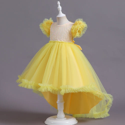 A-Line/Princess Asymmetrical High Low Flower Girl Dresses Scoop Neck Short Sleeves Girl Prom Garden Flower Girl Dress with Sequins