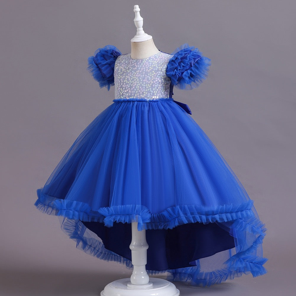 A-Line/Princess Asymmetrical High Low Flower Girl Dresses Scoop Neck Short Sleeves Girl Prom Garden Flower Girl Dress with Sequins
