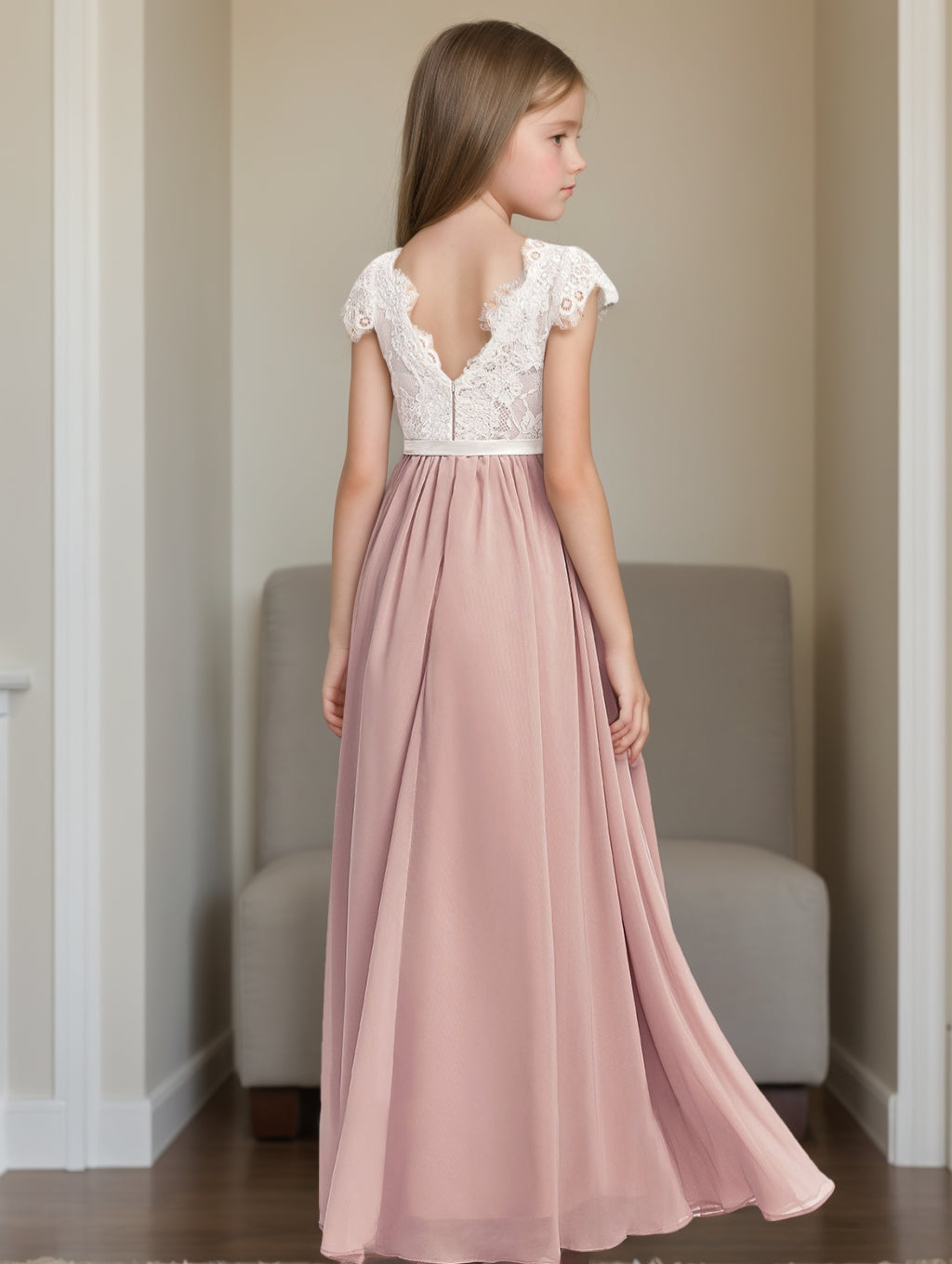 Nafori Dusty Rose A-Line/Princess Short Sleeves Lace Junior Bridesmaid Dresses 2026