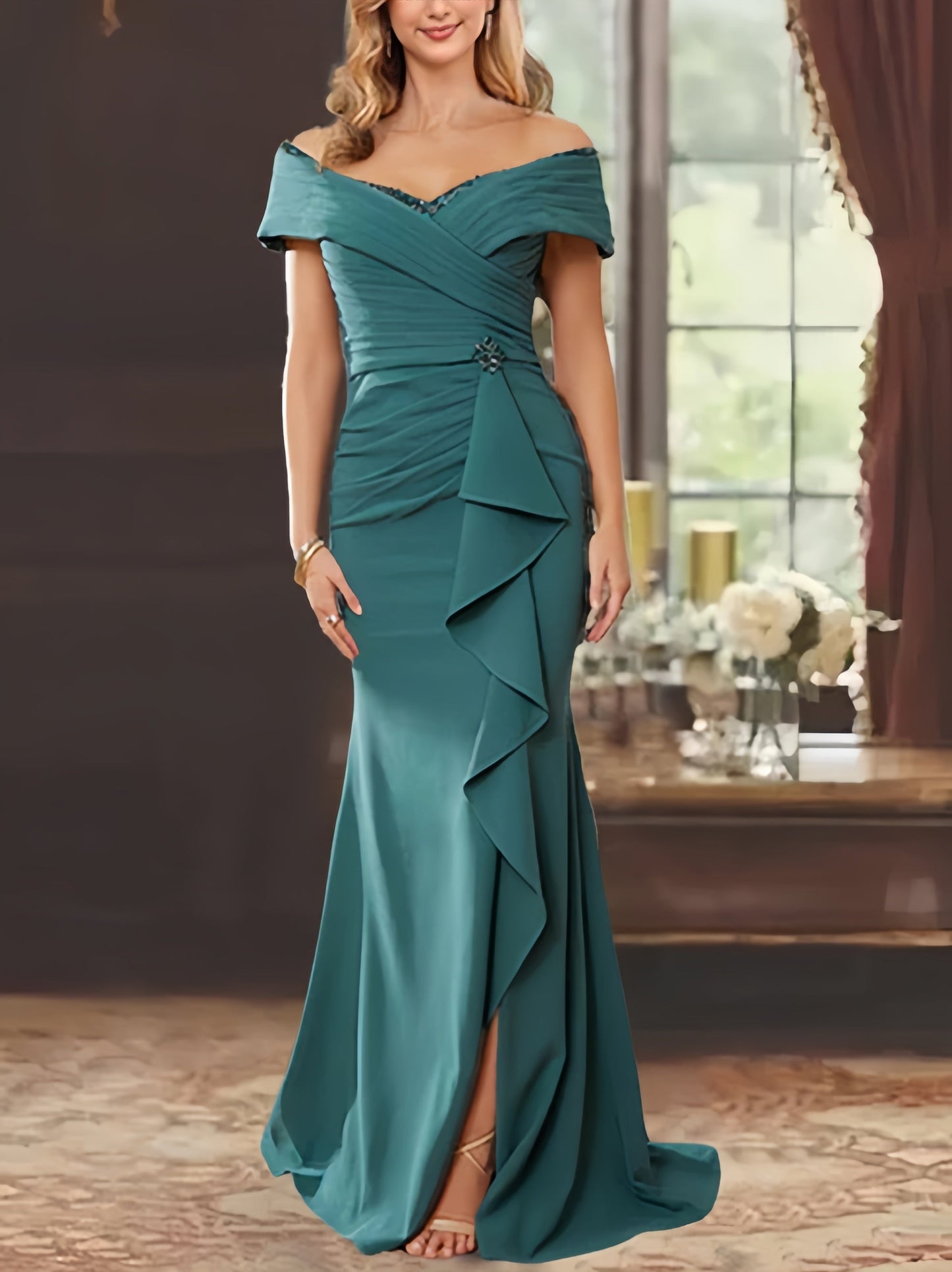 Trumpet/Mermaid Off-the-Shoulder Sleeveless Floor-Length Mother of the Bride Dresses With Ruffles