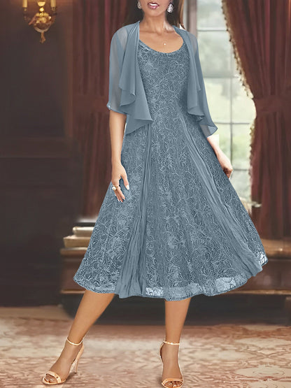 A-Line/Princess Scoop Half Sleeves Tea-Length Mother of the Bride Dresses with Appliques & Jackets