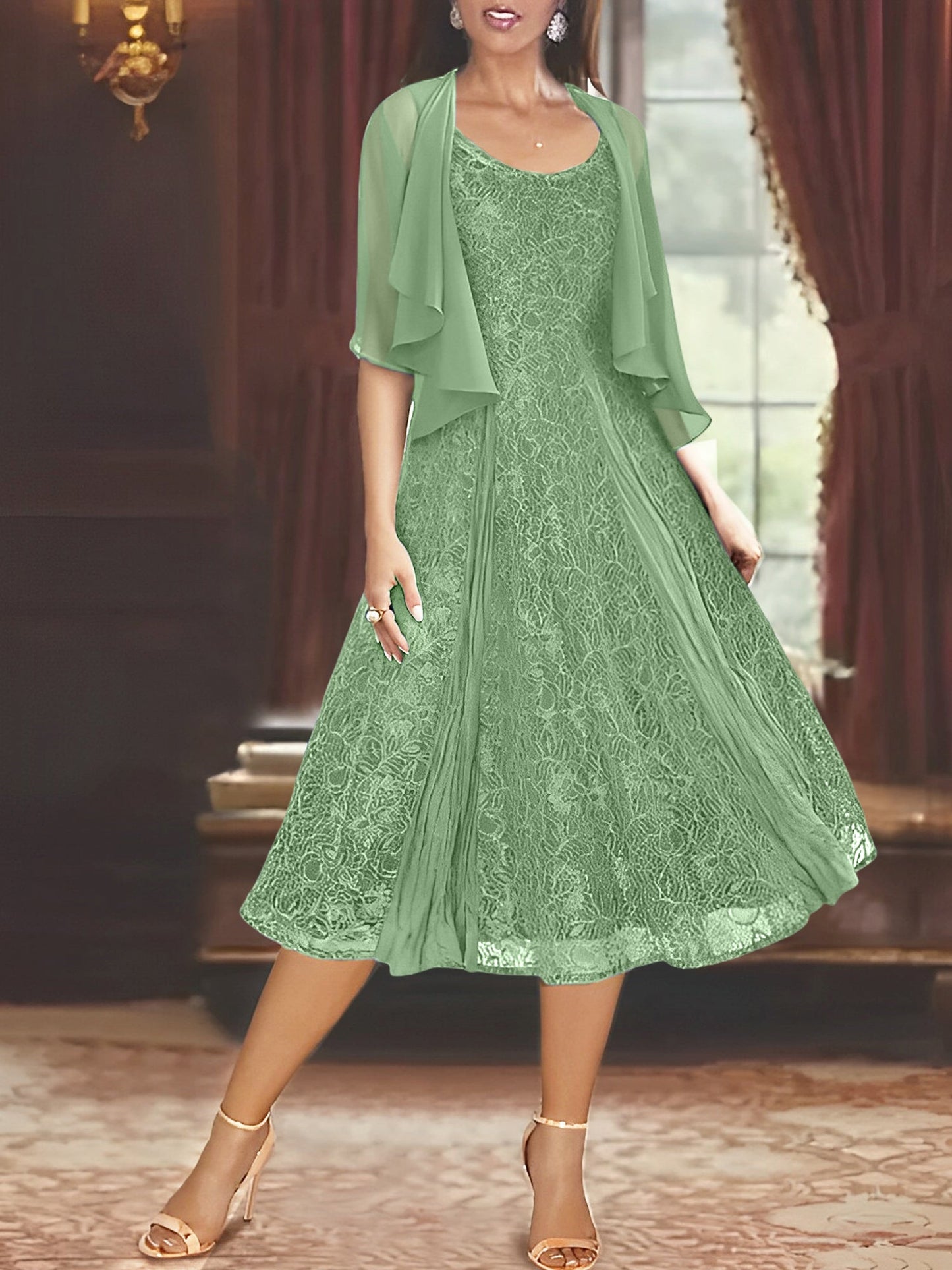 A-Line/Princess Scoop Half Sleeves Tea-Length Mother of the Bride Dresses with Appliques & Jackets