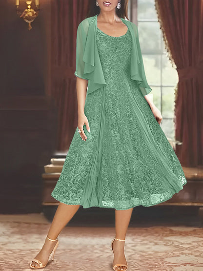 A-Line/Princess Scoop Half Sleeves Tea-Length Mother of the Bride Dresses with Appliques & Jackets