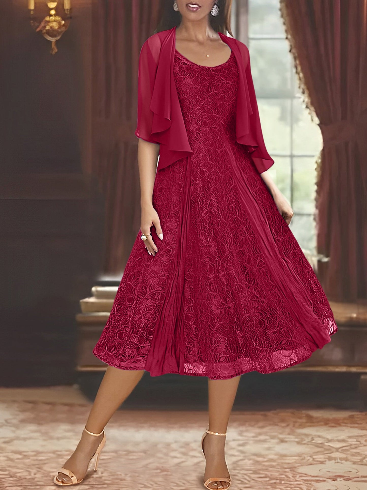 A-Line/Princess Scoop Half Sleeves Tea-Length Mother of the Bride Dresses with Appliques & Jackets