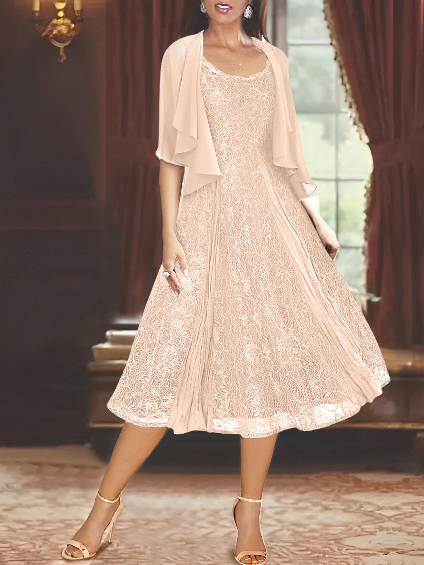 A-Line/Princess Scoop Half Sleeves Tea-Length Mother of the Bride Dresses with Appliques & Jackets