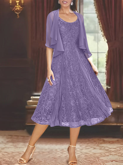 A-Line/Princess Scoop Half Sleeves Tea-Length Mother of the Bride Dresses with Appliques & Jackets