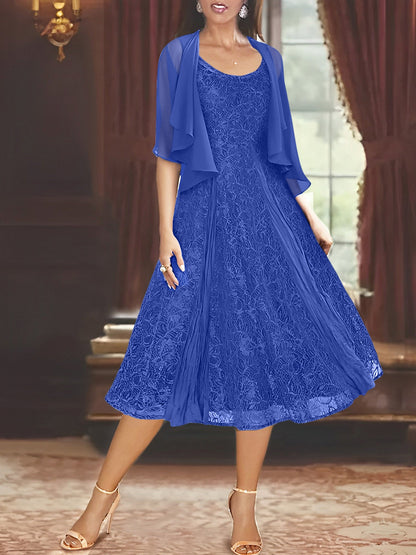 A-Line/Princess Scoop Half Sleeves Tea-Length Mother of the Bride Dresses with Appliques & Jackets
