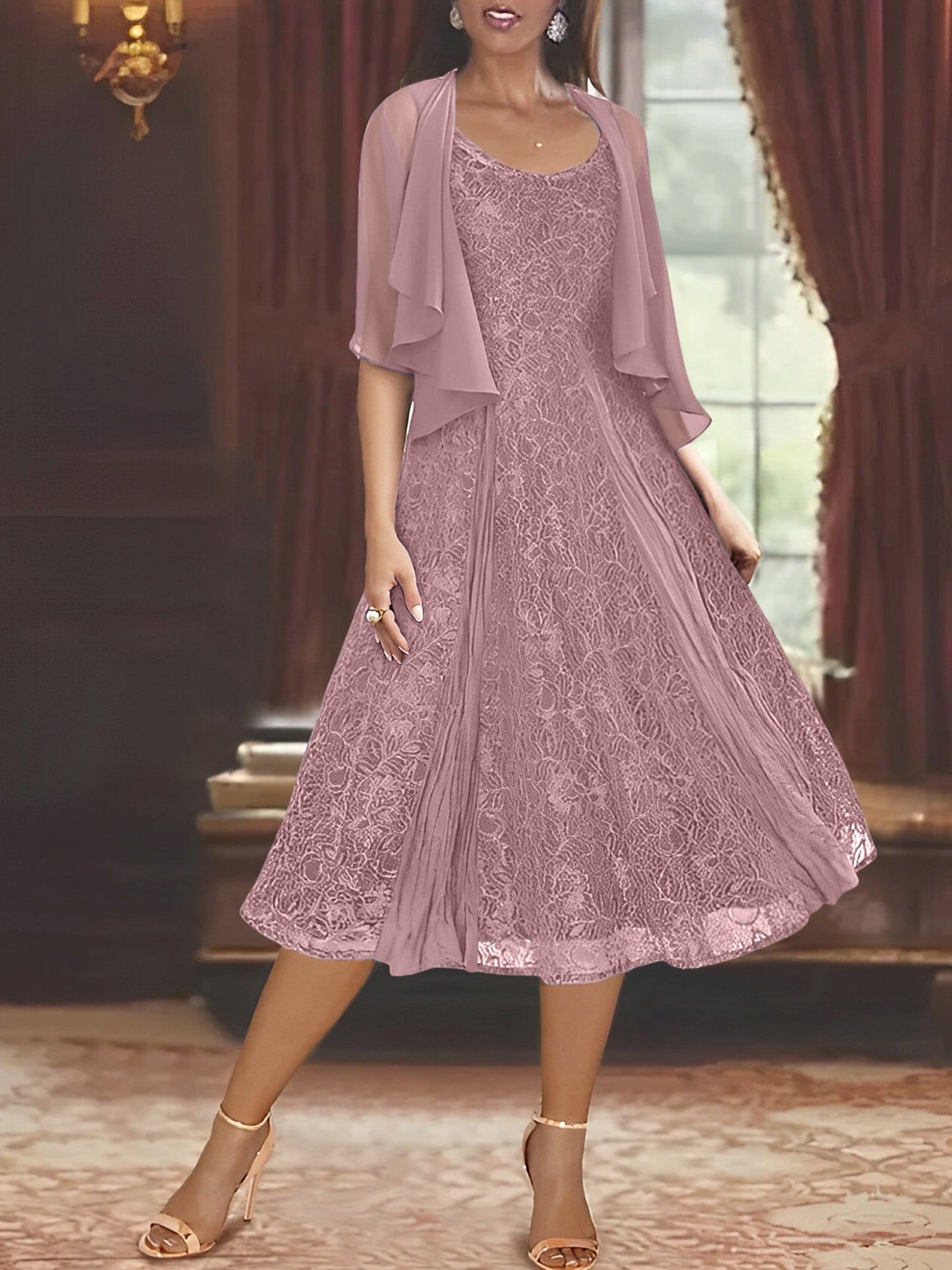 A-Line/Princess Scoop Half Sleeves Tea-Length Mother of the Bride Dresses with Appliques & Jackets