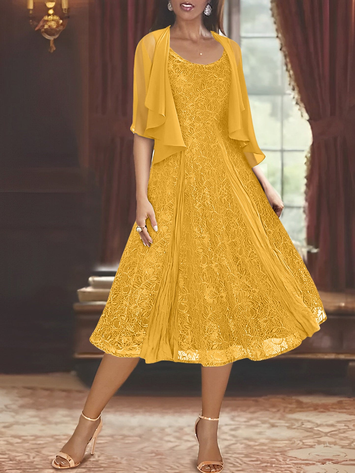 A-Line/Princess Scoop Half Sleeves Tea-Length Mother of the Bride Dresses with Appliques & Jackets
