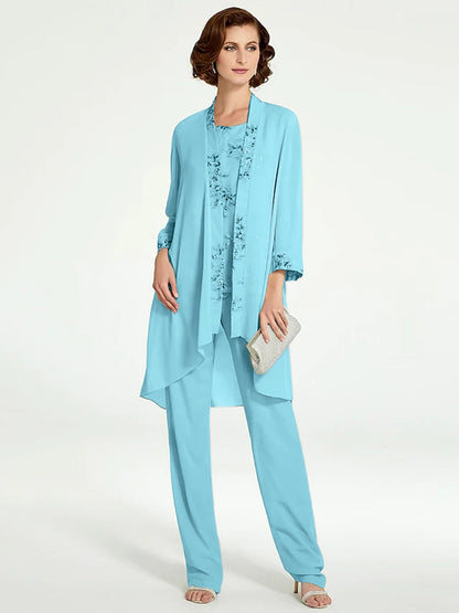 Chiffon Round Neck Floor-Length Mother of the Bride Pantsuits with Jacket