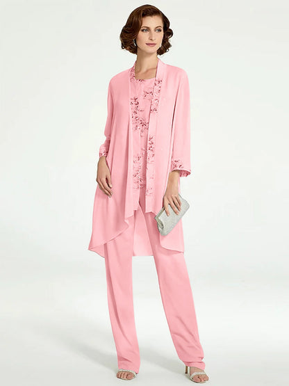 Chiffon Round Neck Floor-Length Mother of the Bride Pantsuits with Jacket