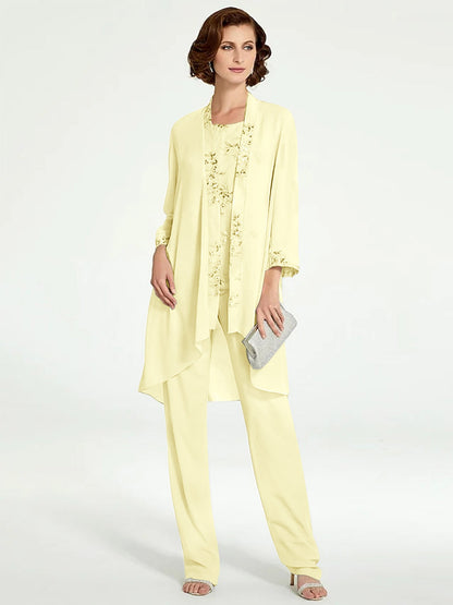 Chiffon Round Neck Floor-Length Mother of the Bride Pantsuits with Jacket