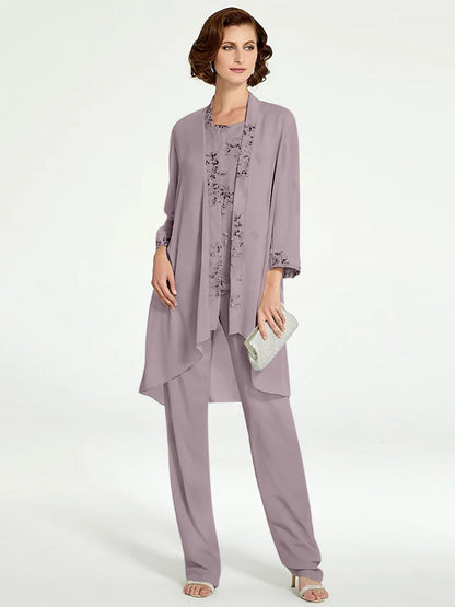 Chiffon Round Neck Floor-Length Mother of the Bride Pantsuits with Jacket