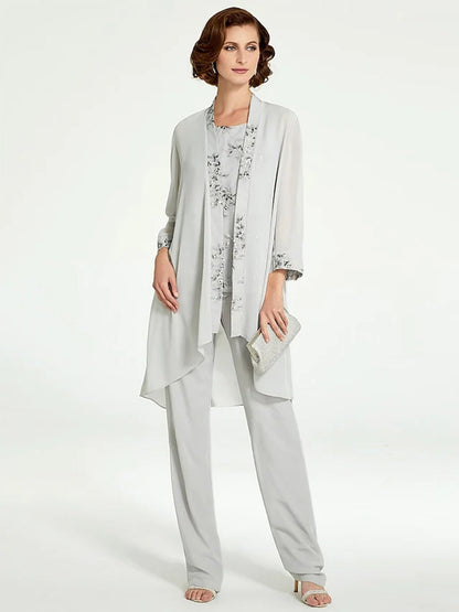 Chiffon Round Neck Floor-Length Mother of the Bride Pantsuits with Jacket