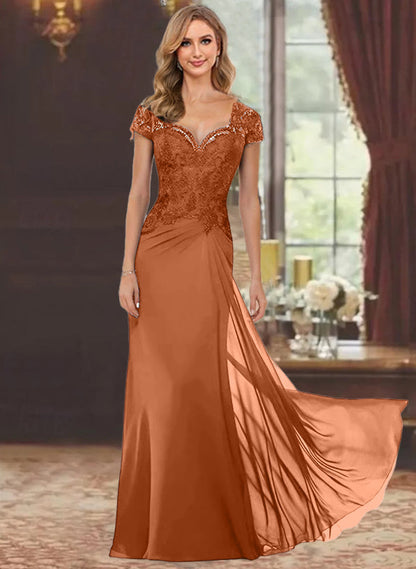 Trumpet/Mermaid Sweetheart Short Sleeves Floor-Length Mother of the Bride Dresses with Appliques Lace