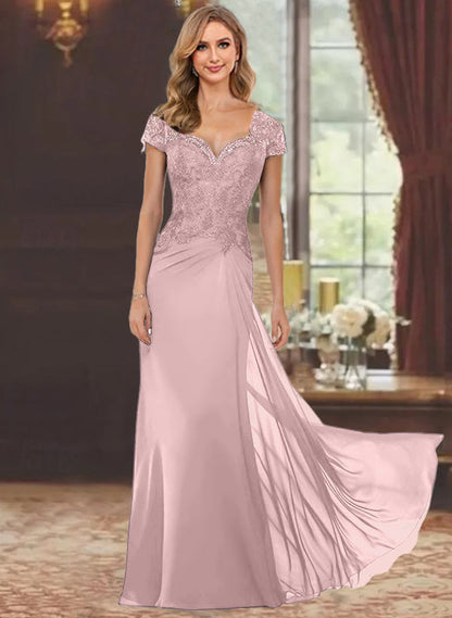 Trumpet/Mermaid Sweetheart Short Sleeves Floor-Length Mother of the Bride Dresses with Appliques Lace