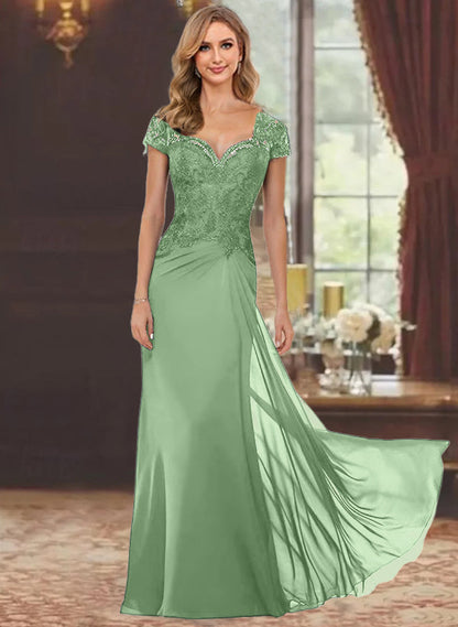 Trumpet/Mermaid Sweetheart Short Sleeves Floor-Length Mother of the Bride Dresses with Appliques Lace